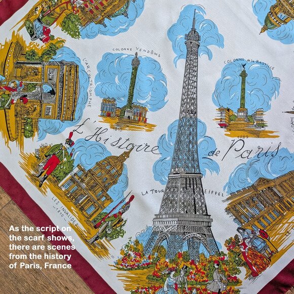 VTG Souvenir Scarf, Historical scenes in Paris, France, 30" square polyester - Picture 3 of 16